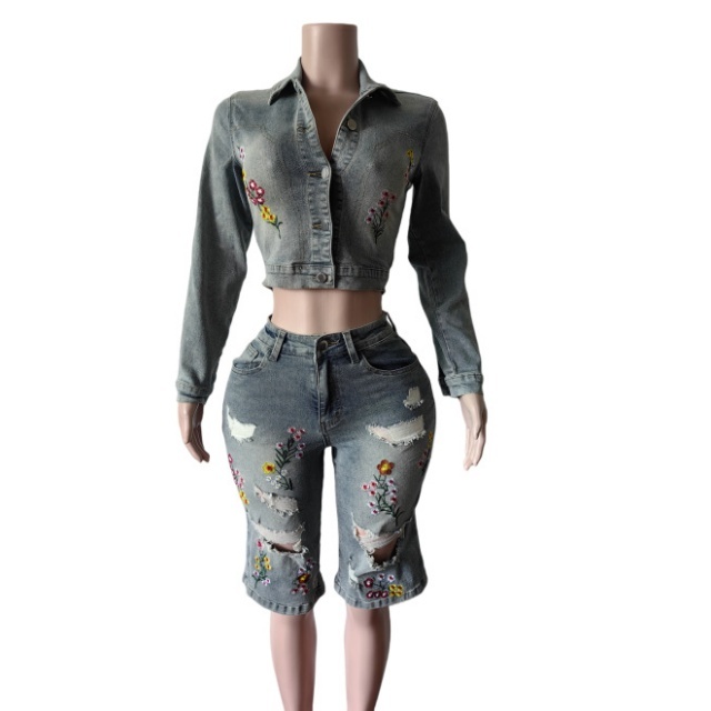 Floral Embroidery Denim Jacket Knee Pant Set