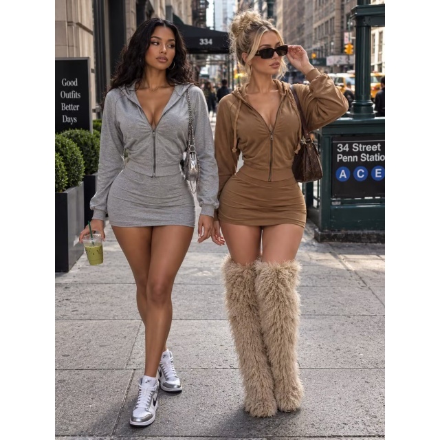Long Sleeve Zip-up Top Slim Fitted Skirt Set