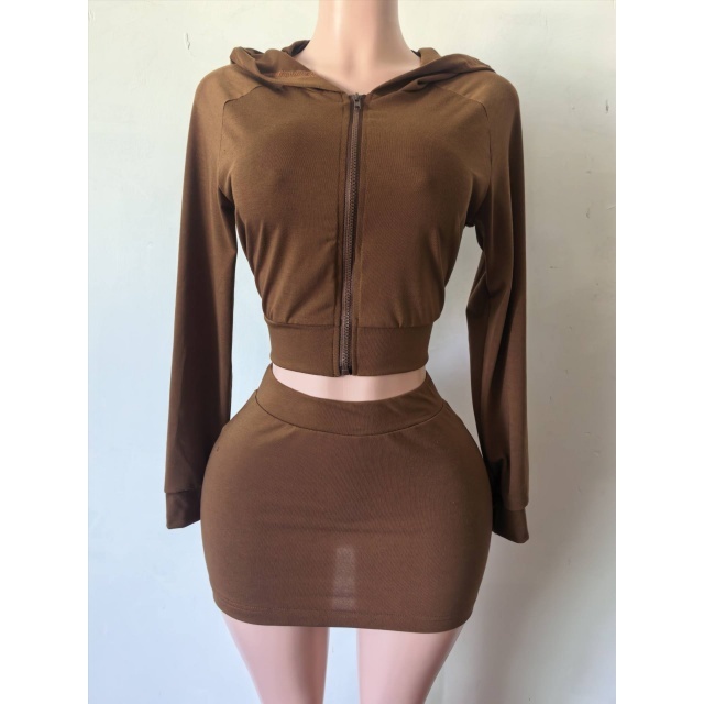 Long Sleeve Zip-up Top Slim Fitted Skirt Set