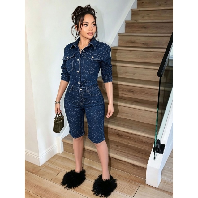 Printed Buttons Down Denim Knee Pant Set