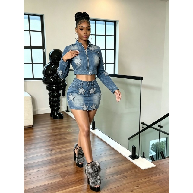 Stars Stretchy Long-Sleeve Top Denim Mini Skirt Set