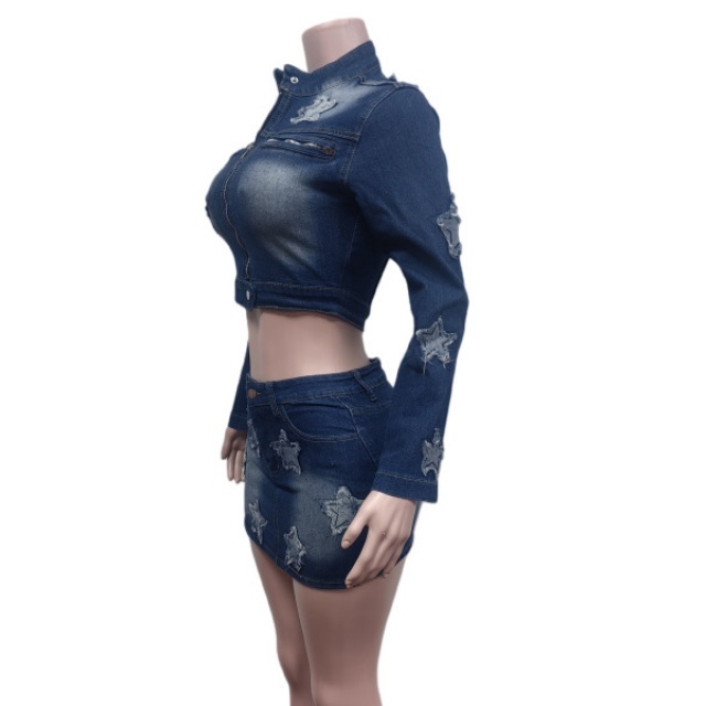 Stars Stretchy Long-Sleeve Top Denim Mini Skirt Set