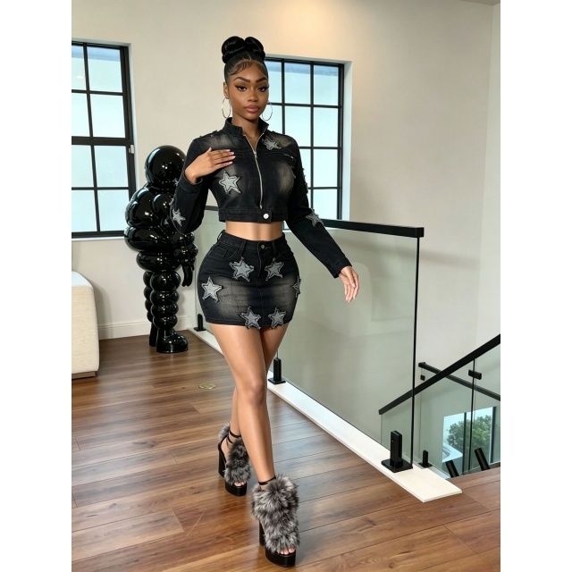Stars Stretchy Long-Sleeve Top Denim Mini Skirt Set