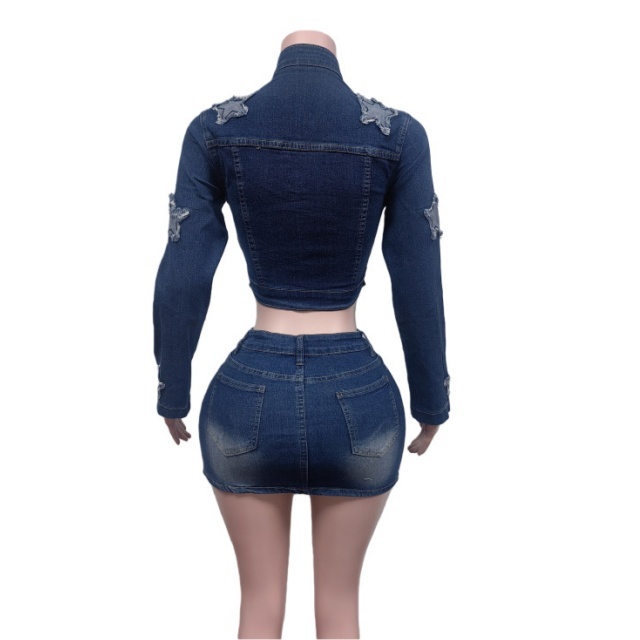Stars Stretchy Long-Sleeve Top Denim Mini Skirt Set
