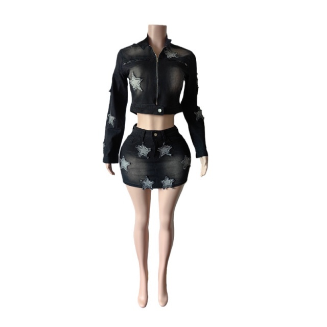 Stars Stretchy Long-Sleeve Top Denim Mini Skirt Set