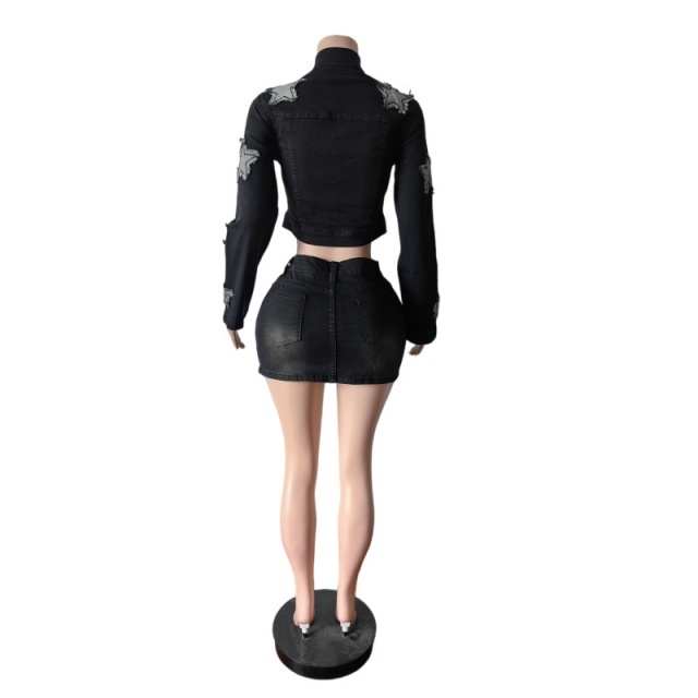 Stars Stretchy Long-Sleeve Top Denim Mini Skirt Set