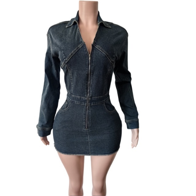 Vintage Style Zip-up Slim Denim Dress