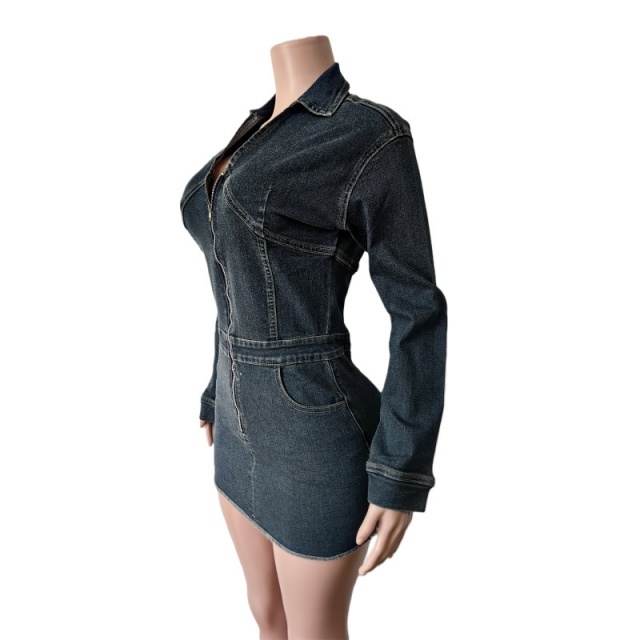 Vintage Style Zip-up Slim Denim Dress