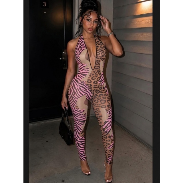 Deep V Neck Leopard Printed Sheer Mesh Jumpsuit