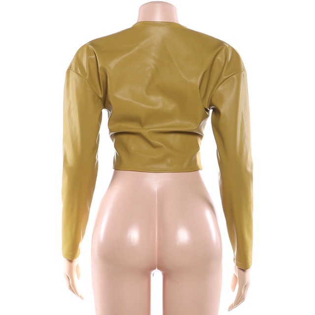 Solid Color Ruched PU Leather Slim Jacket