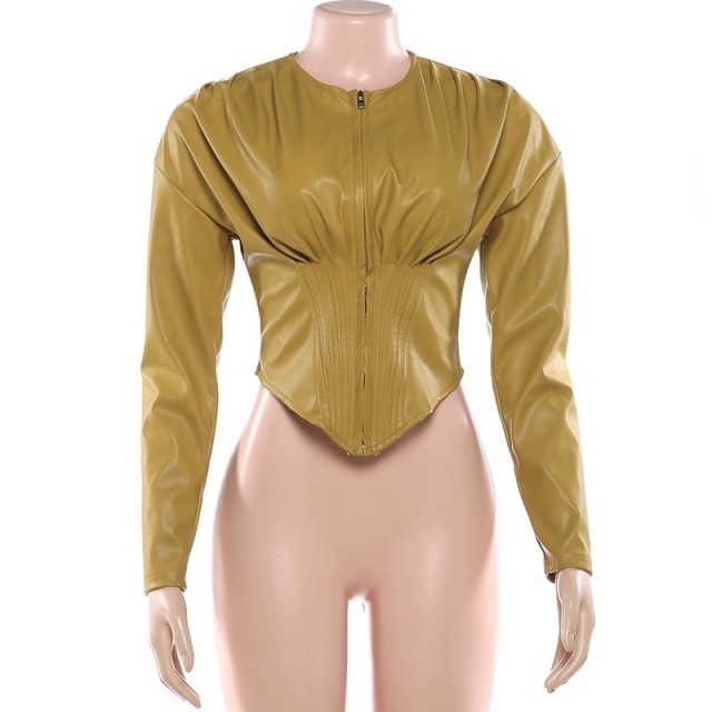 Solid Color Ruched PU Leather Slim Jacket