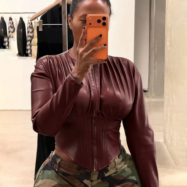 Solid Color Ruched PU Leather Slim Jacket