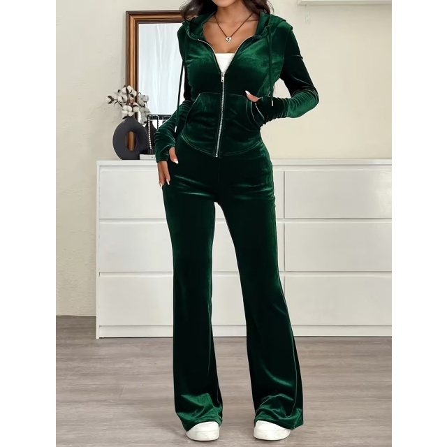 Velvet Hooded Zip-up Sweatshirt Flare Pant Set