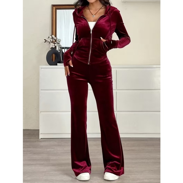 Velvet Hooded Zip-up Sweatshirt Flare Pant Set