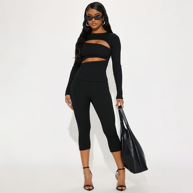Hollow Out Long Sleeve Top Slim Fitted Cropped Pant Set