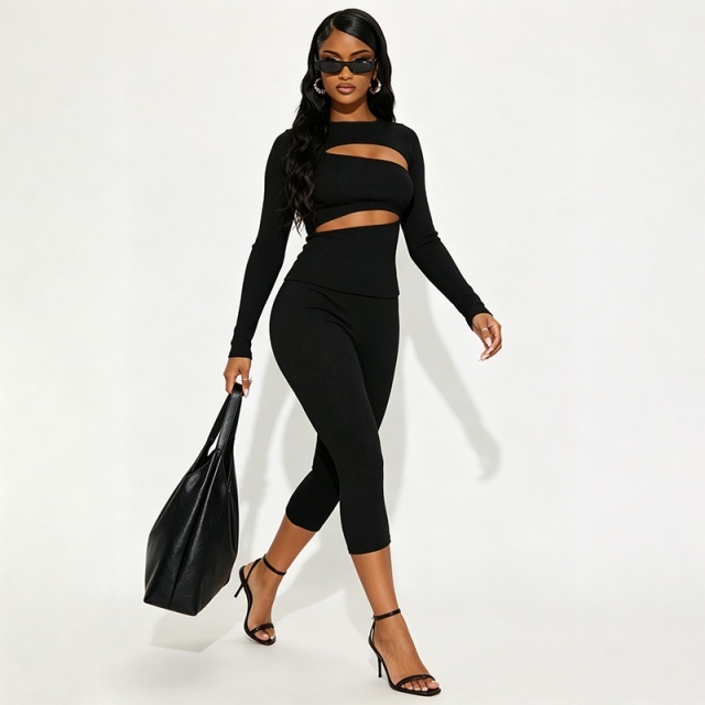 Hollow Out Long Sleeve Top Slim Fitted Cropped Pant Set