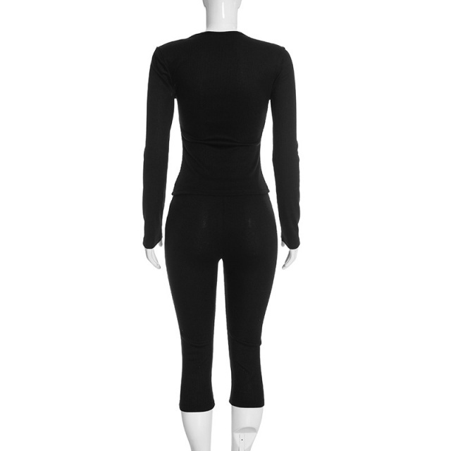 Hollow Out Long Sleeve Top Slim Fitted Cropped Pant Set