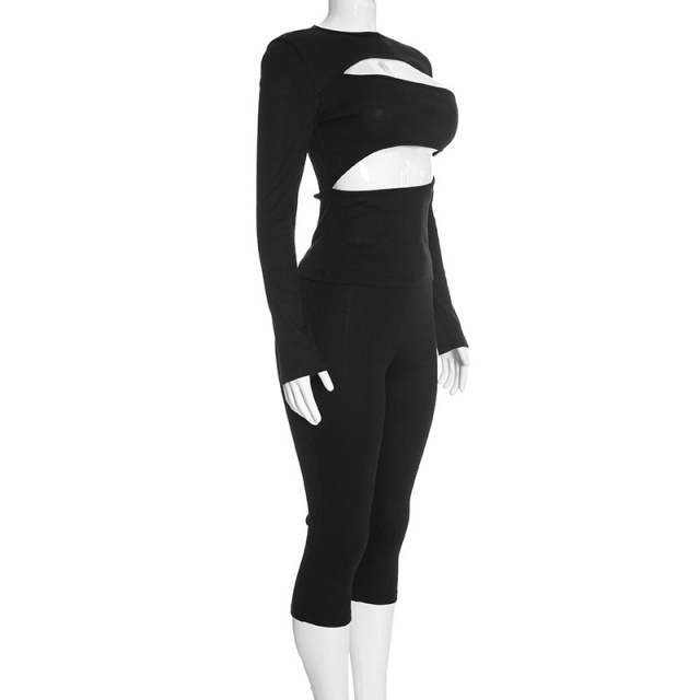 Hollow Out Long Sleeve Top Slim Fitted Cropped Pant Set