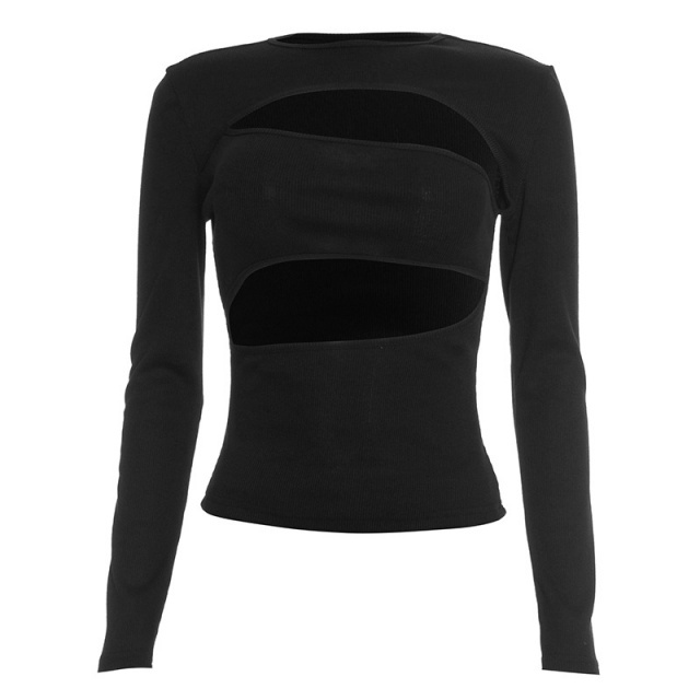 Hollow Out Long Sleeve Top Slim Fitted Cropped Pant Set