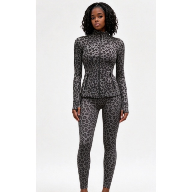 Leopard Print Long Sleeve Fitted Tracksuit Set