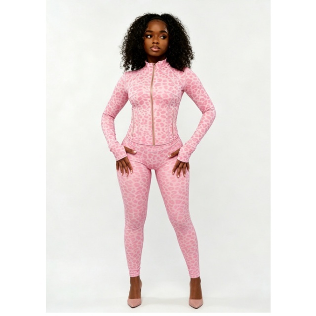 Leopard Print Long Sleeve Fitted Tracksuit Set