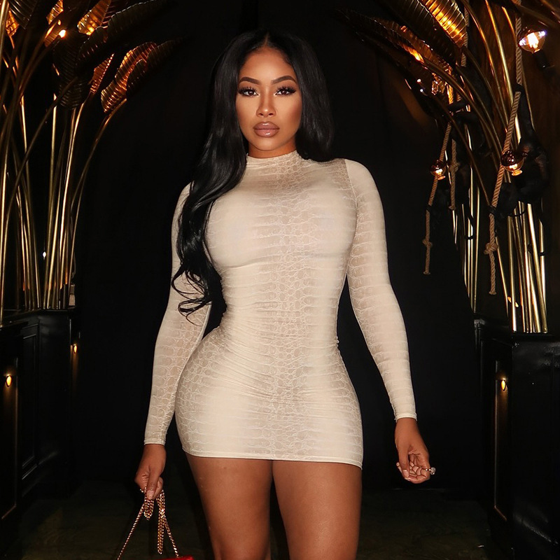 Snakeskin Printed Long Sleeve Bodycon Dress
