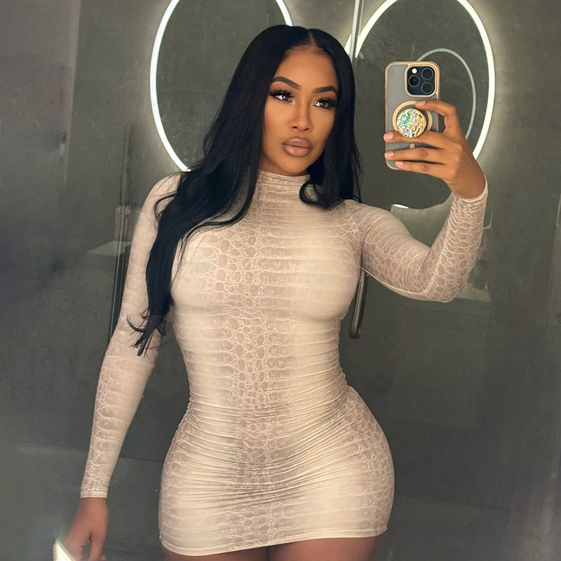 Snakeskin Printed Long Sleeve Bodycon Dress