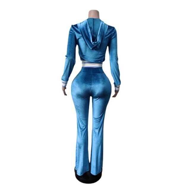 Velvet Hooded Sweatshirt Slim Flare Pant Set