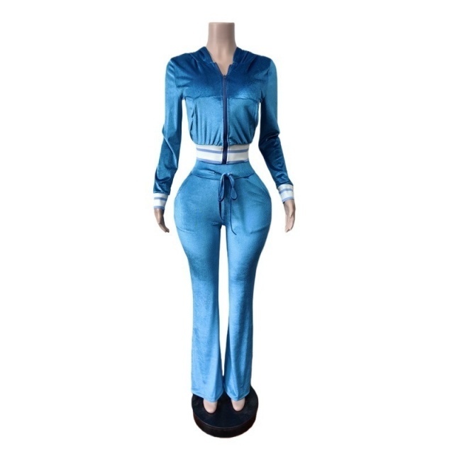 Velvet Hooded Sweatshirt Slim Flare Pant Set