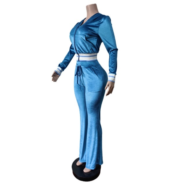 Velvet Hooded Sweatshirt Slim Flare Pant Set