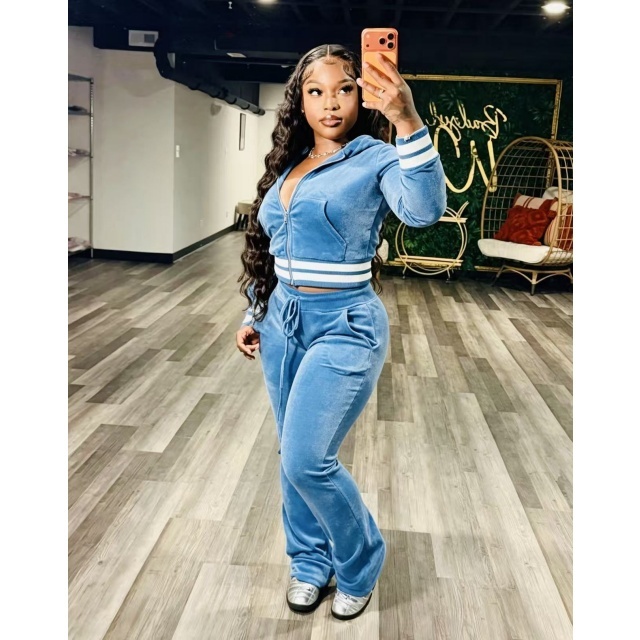 Velvet Hooded Sweatshirt Slim Flare Pant Set
