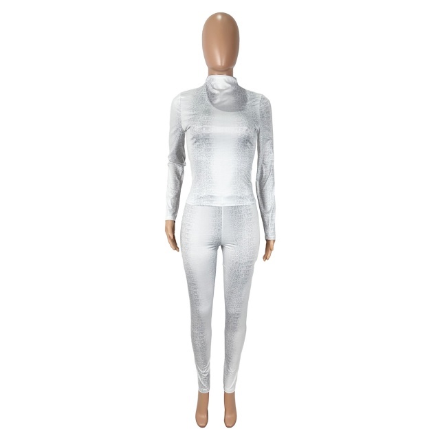 Snake Printed Long Sleeve Top Slim Fitted Pant Set