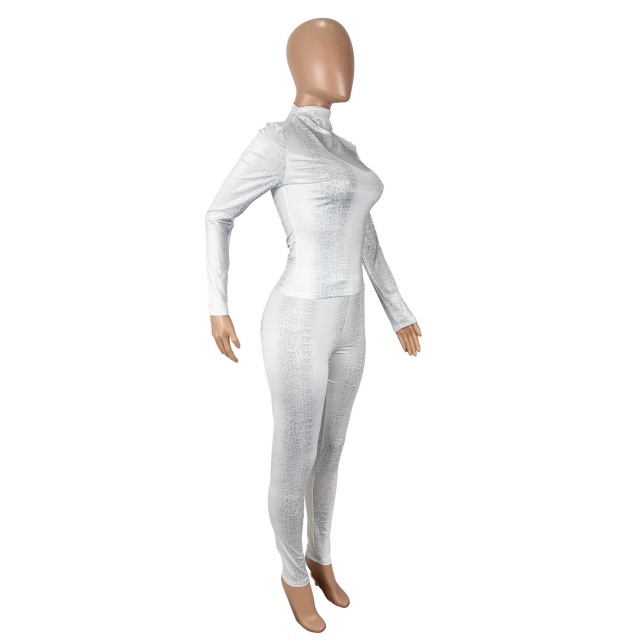 Snake Printed Long Sleeve Top Slim Fitted Pant Set