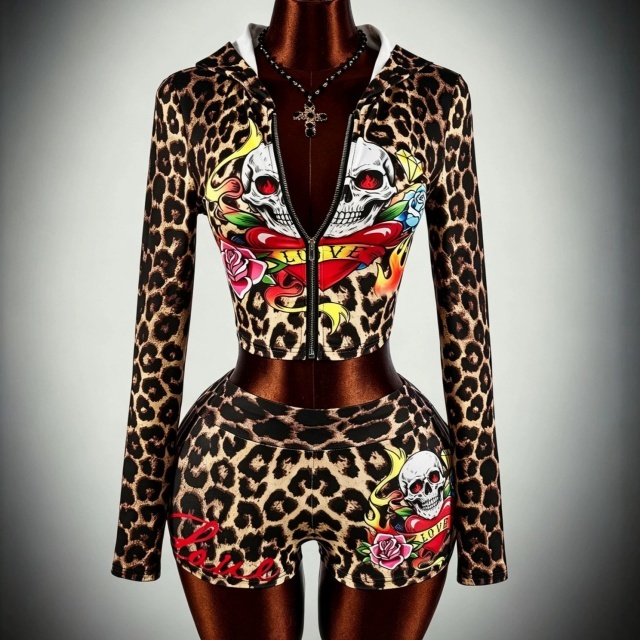 Leopard Printed Hooded Sweatshirt Slim Short Set