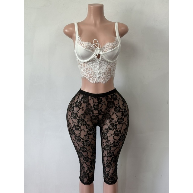 Floral Lace Bustier Top Midi Pants Set