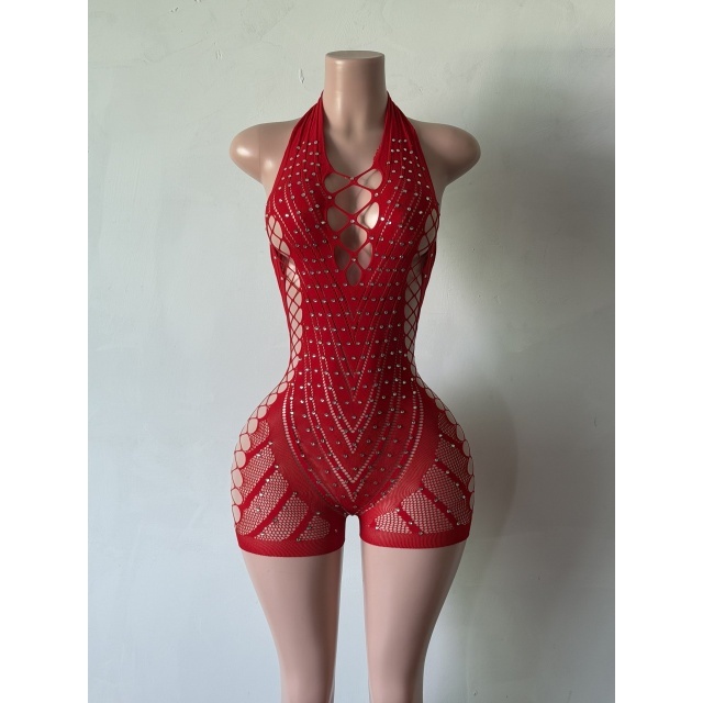 Rhinestones Hollow Out Backless Lingerie Romper