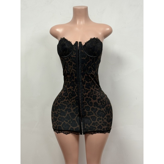 Leopard Print Strapless Corset Bodycon Dress