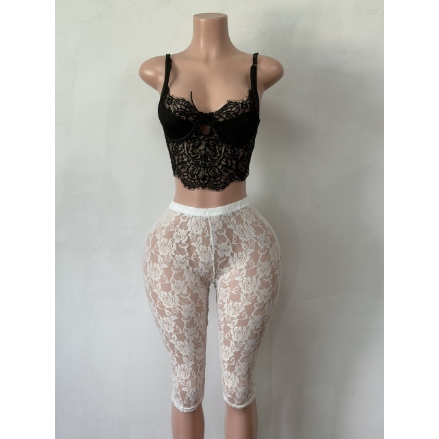 Floral Lace Bustier Top Midi Pants Set