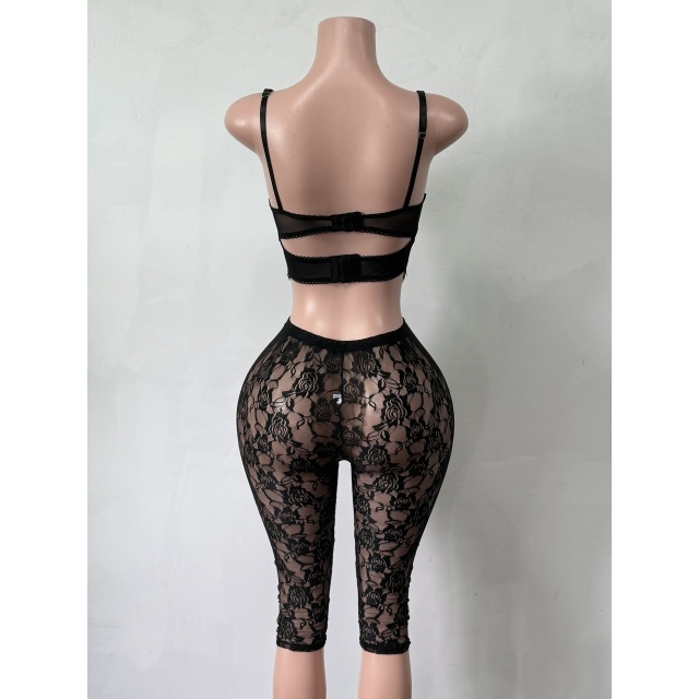 Floral Lace Bustier Top Midi Pants Set