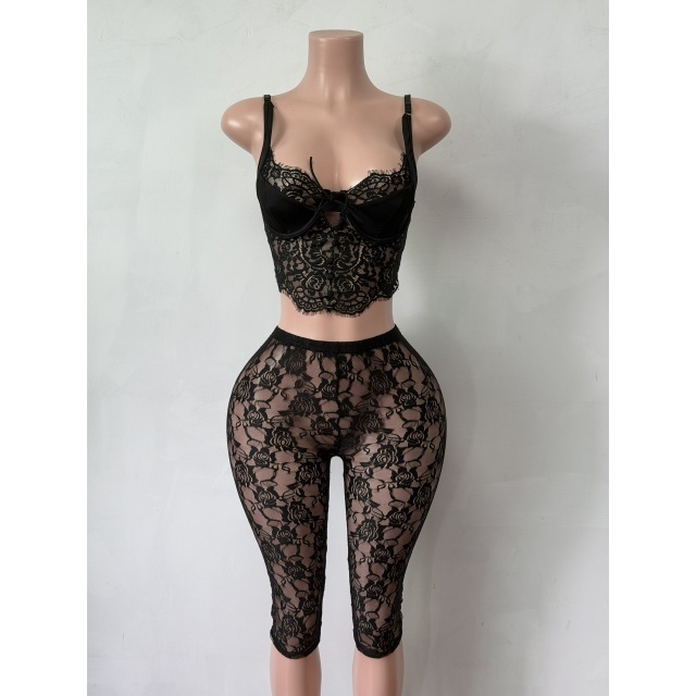 Floral Lace Bustier Top Midi Pants Set