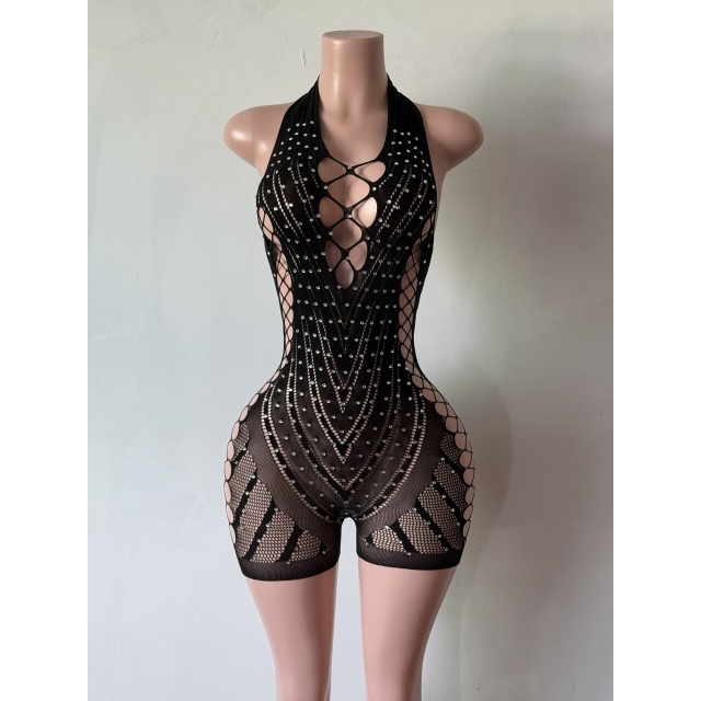 Rhinestones Hollow Out Backless Lingerie Romper