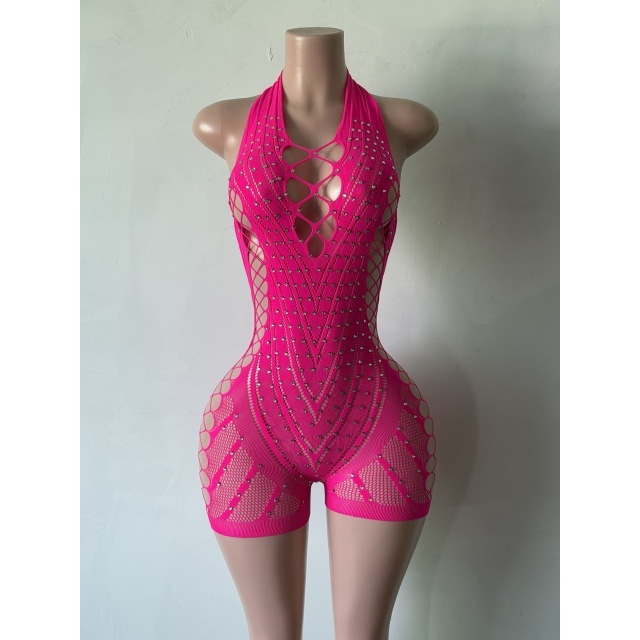 Rhinestones Hollow Out Backless Lingerie Romper