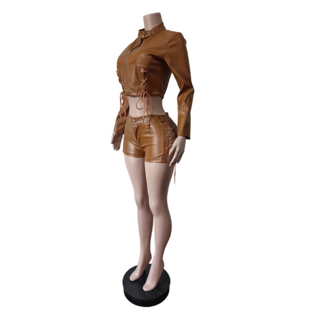 Solid Color PU Leather Lace Up Slim Short Set