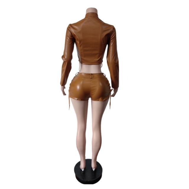 Solid Color PU Leather Lace Up Slim Short Set
