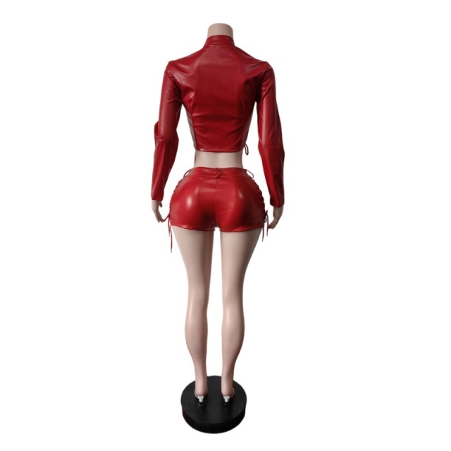 Solid Color PU Leather Lace Up Slim Short Set