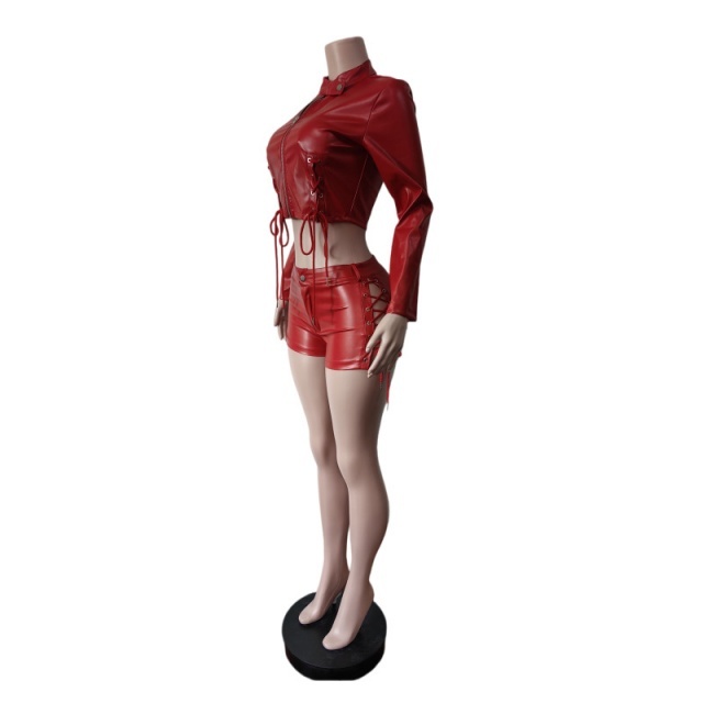Solid Color PU Leather Lace Up Slim Short Set