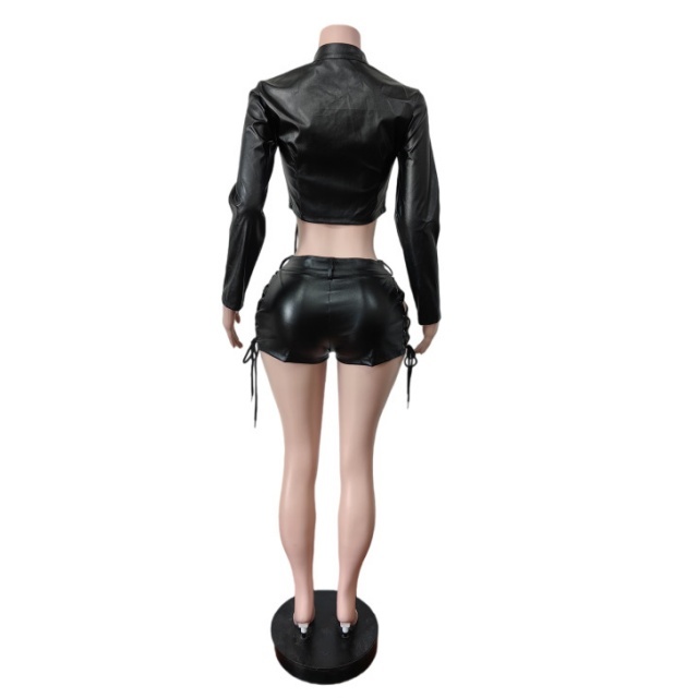Solid Color PU Leather Lace Up Slim Short Set