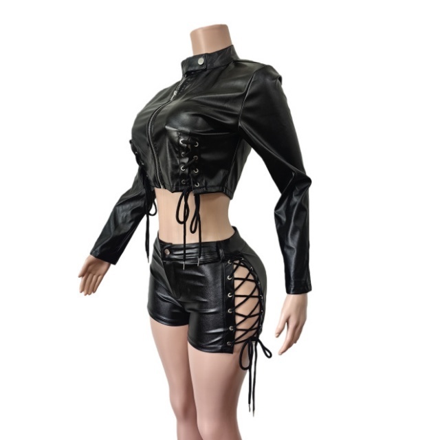 Solid Color PU Leather Lace Up Slim Short Set