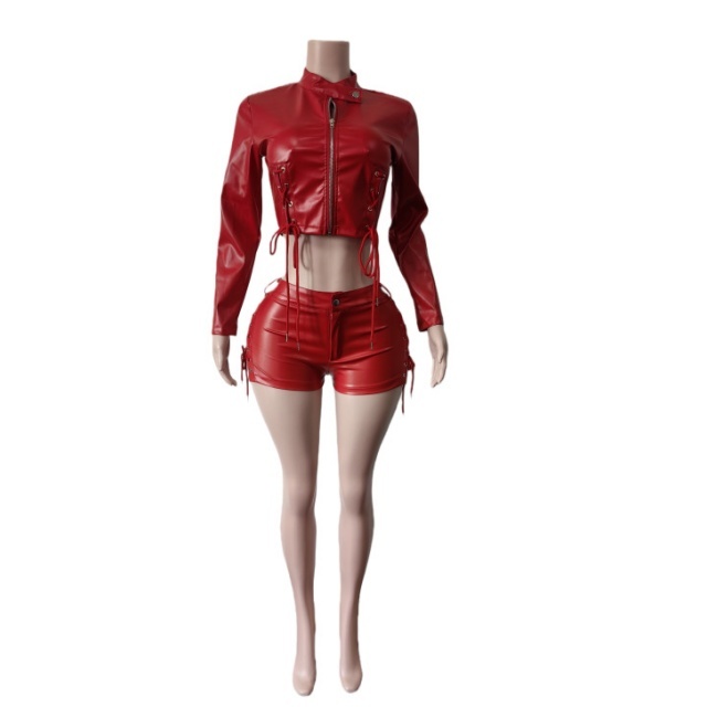 Solid Color PU Leather Lace Up Slim Short Set