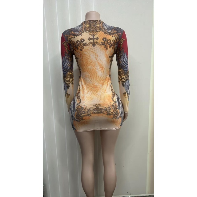Vintage Printed Long-sleeve Slim Bodycon Dress